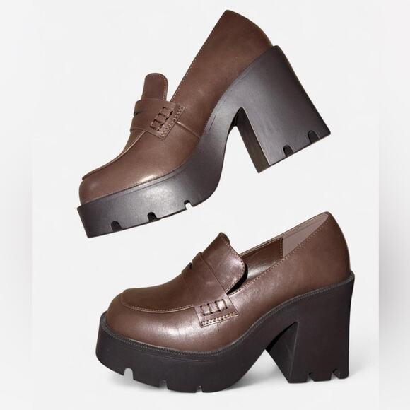 Chunky Brown Platform Loafers - Picture 1 of 5